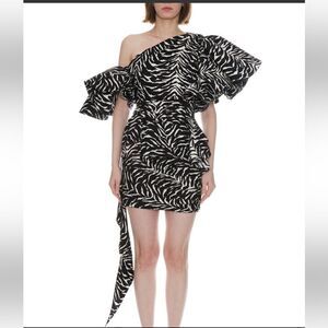 REDEMPTION RUFFLED ZEBRA-PRINT DRESS structured cocktail mini $2146 L 12